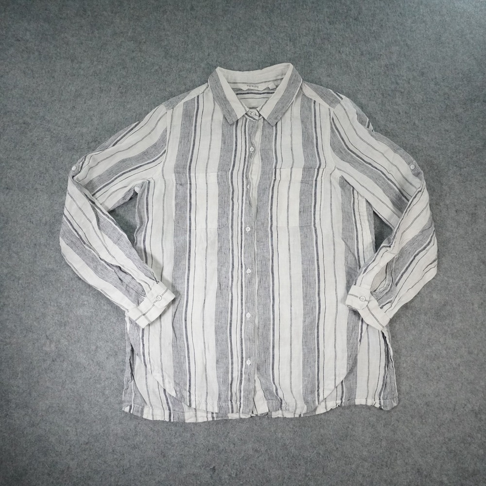 Athleta Shirt Womens Medium White Stiped Peninsula Top Button Front Linen